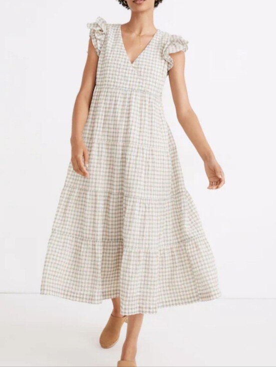 Madewell Dresses & Skirts - Madewell Gingham Seersucker Tiered Midi Dress Ruffle Sleeve Medium